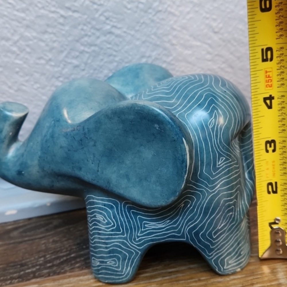 Afrikiko Soapstone Elephant Teal Blue Green White Abstract Circles - Picture 14 of 15